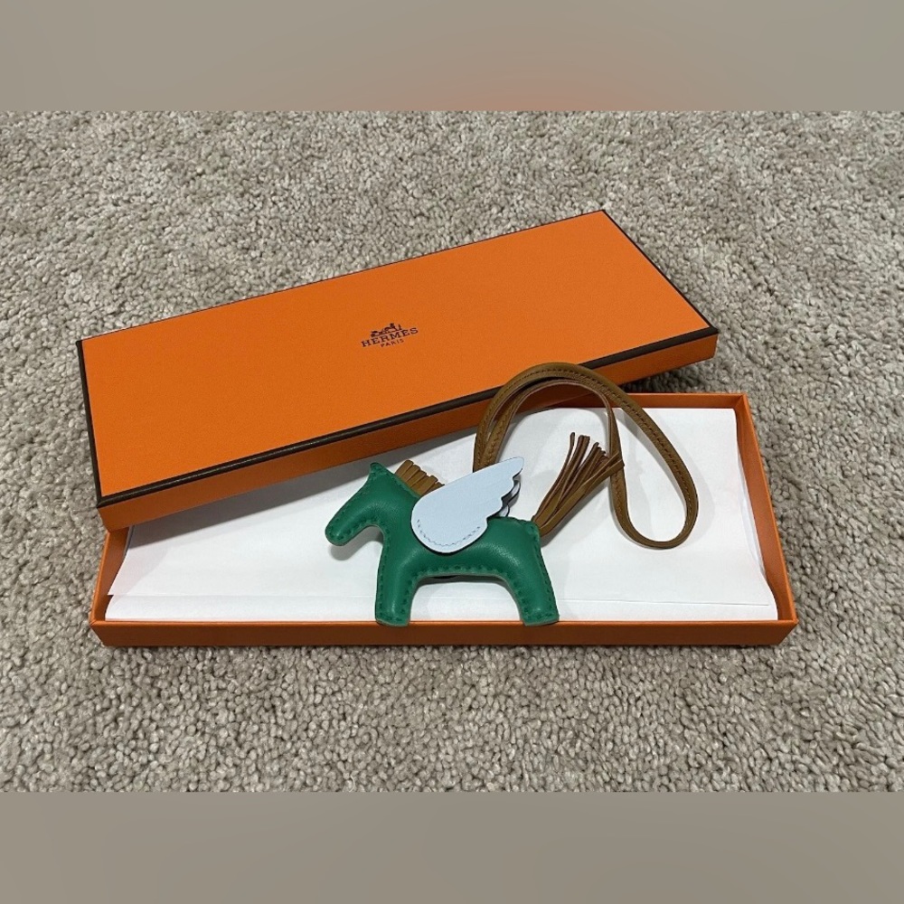 Authentic Hermes Rodeo Pegase PM Charm, Menthe/sesame/bleu brume